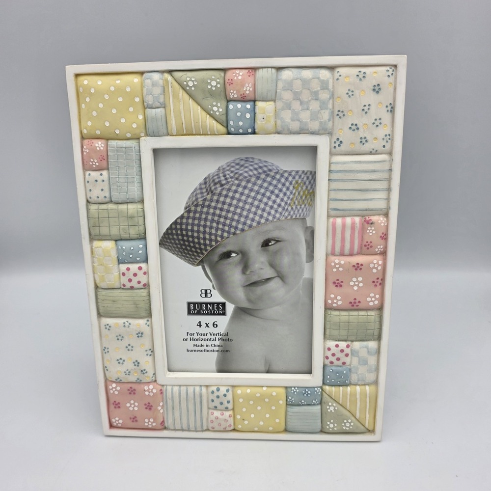 Vtg Burnes of Boston Pastel Patchwork Quilt 9 x 7 Picture Frame Cottage Decor